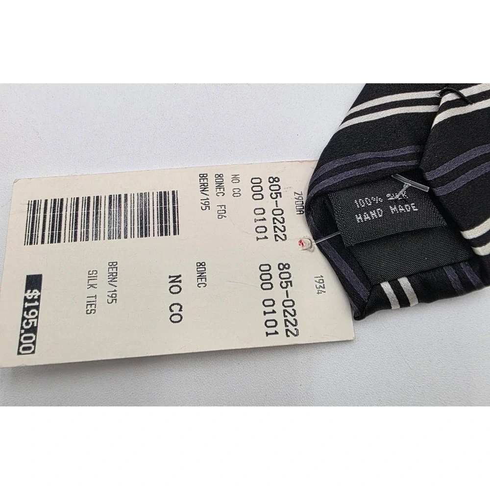 Bernini Platinum Silk Necktie Black White Grey Diagonal Stripe Hand Made NWT